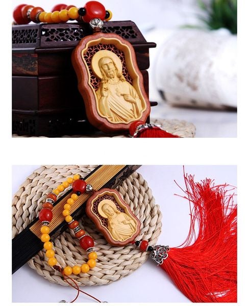 Dây treo trang trí ô tô bằng gỗ hoàng dương, hình Chúa Giêsu