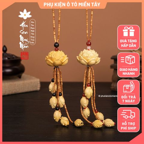 Dây Treo Trang Trí Ô tô Bông Sen May Mắn, Bằng Gỗ Chạm Khắc Thủ Công, Khánh Treo Xe Hơi Ô tô Phong Thủy