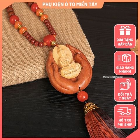Dây Treo Trang Trí Ô tô Mặt Dây Chuyền Gỗ Bàn Tay, Hình Quan Âm Bồ Tát, Khánh Treo Xe Hơi Ô tô Phong Thủy