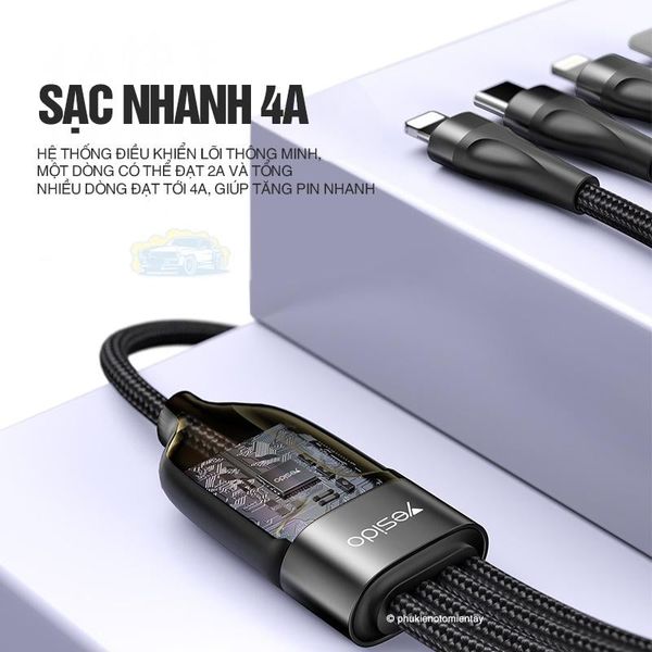 Cáp Sạc Ô tô Đa Năng 4 Trong 1, Sạc Nhanh Cùng Lúc Nhiều Điện Thoại, Dây Vải Bền Bỉ Chắc Chắn