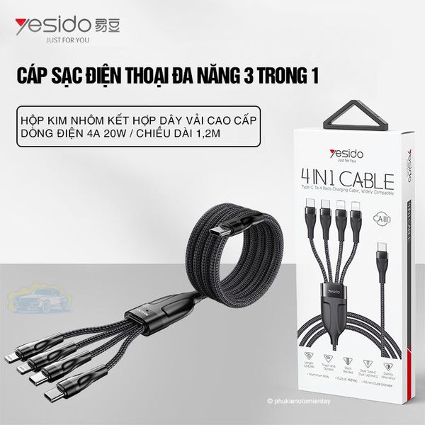 Cáp Sạc Ô tô Đa Năng 4 Trong 1, Sạc Nhanh Cùng Lúc Nhiều Điện Thoại, Dây Vải Bền Bỉ Chắc Chắn