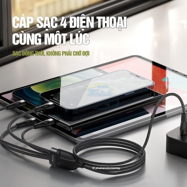 Cáp Sạc Ô tô Đa Năng 4 Trong 1, Sạc Nhanh Cùng Lúc Nhiều Điện Thoại, Dây Vải Bền Bỉ Chắc Chắn