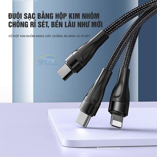 Cáp Sạc Ô tô Đa Năng 4 Trong 1, Sạc Nhanh Cùng Lúc Nhiều Điện Thoại, Dây Vải Bền Bỉ Chắc Chắn