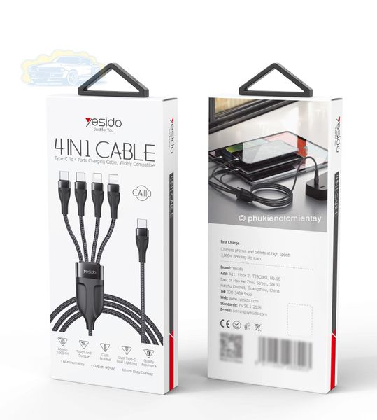 Cáp Sạc Ô tô Đa Năng 4 Trong 1, Sạc Nhanh Cùng Lúc Nhiều Điện Thoại, Dây Vải Bền Bỉ Chắc Chắn