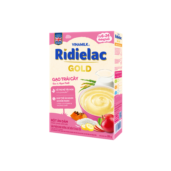  [MẪU MỚI] Bột ăn dặm RIDIELAC GOLD Gạo trái cây - Hộp giấy 200g 