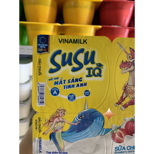  [HỎA TỐC] Sữa chua ăn SuSu IQ Cho Bé Màu Vàng Vị dâu chuối - Vỉ 4 hộp x 80g 