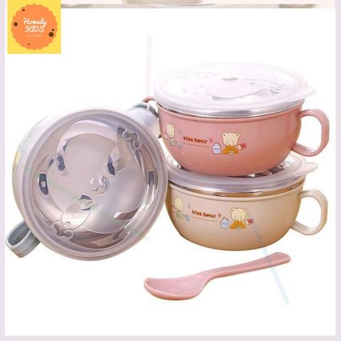  Chén Ăn Dặm Inox Cách Nhiệt Cho Bé Có Tay Cầm Nắp Đậy Kèm Thìa Muỗng 