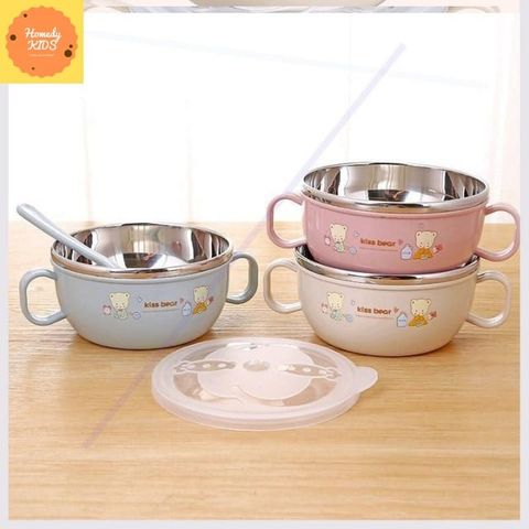  Chén Ăn Dặm Inox Cách Nhiệt Cho Bé Có Tay Cầm Nắp Đậy Kèm Thìa Muỗng 