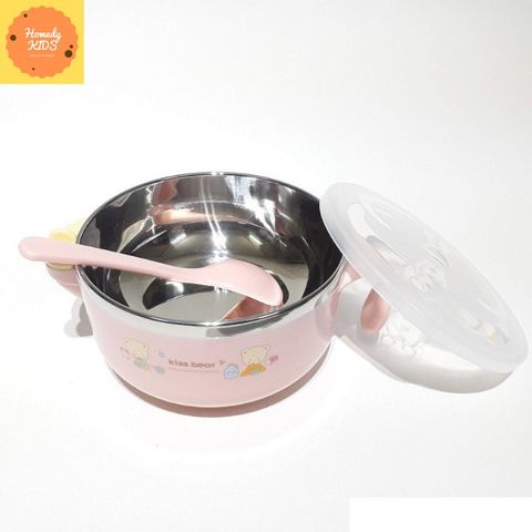  Chén Ăn Dặm Inox Cách Nhiệt Cho Bé Có Tay Cầm Nắp Đậy Kèm Thìa Muỗng 