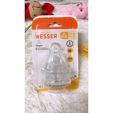  Vỉ 2 Núm Vú Bình Sữa Cổ Rộng Wesser Size S/M/L 