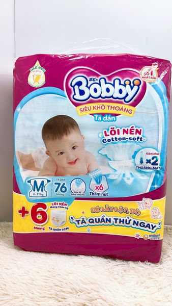  [TẶNG 6 MIẾNG] TÃ DÁN BOBBY SIÊU THOÁNG SIZE M 76 MIẾNG (6- 11kg) 