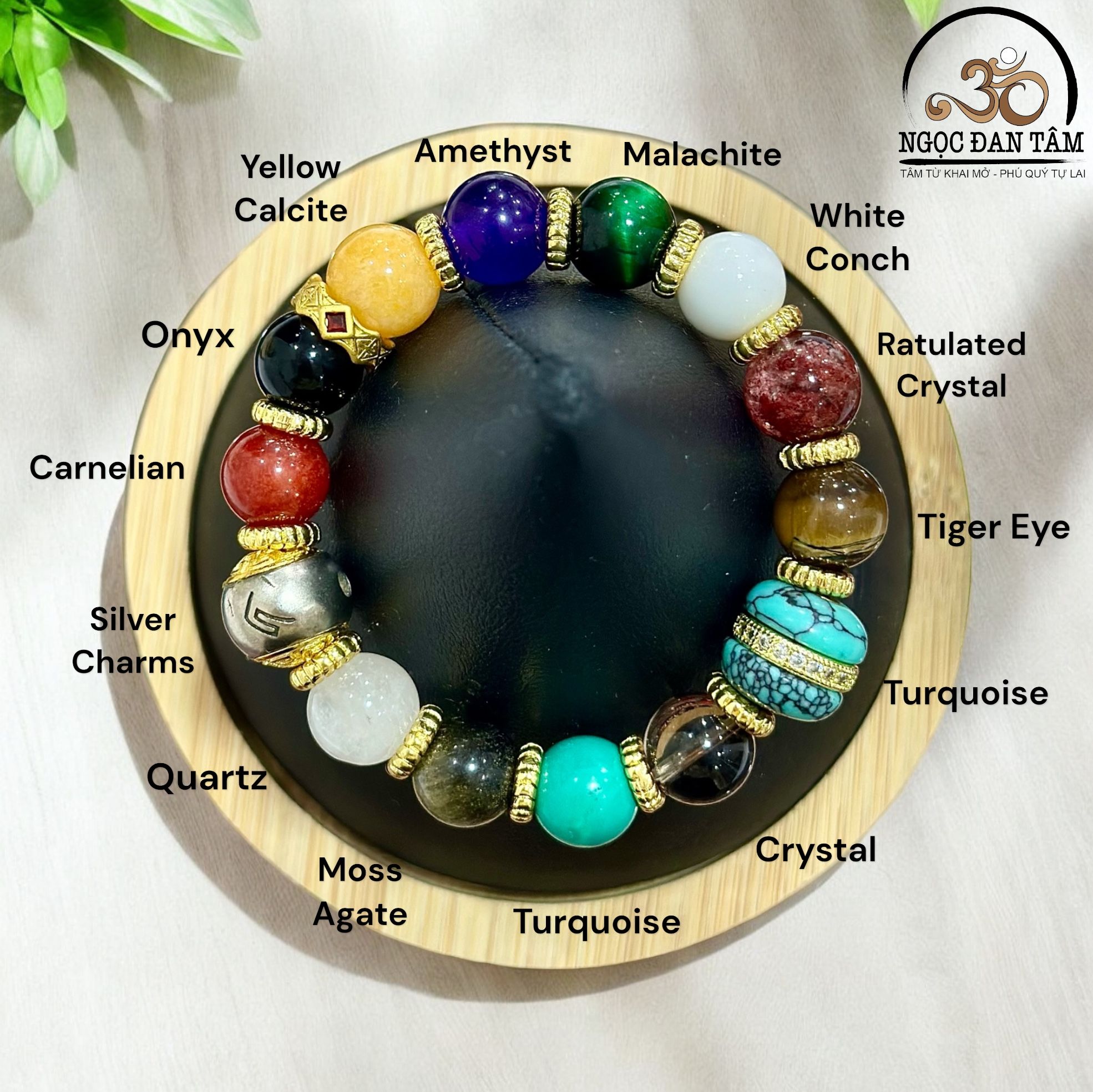  Vòng Tay Đá Phong Thủy Đa Sắc Phối Charm Đá Lam Ngọc 