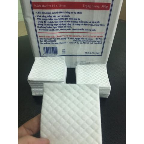 Bông cắt miếng sẵn Bình Minh ( 7x7cm ) Gói 0.5kg – Bông dùng trong spa, phun xăm, vệ sinh cá nhân, tẩy trang
