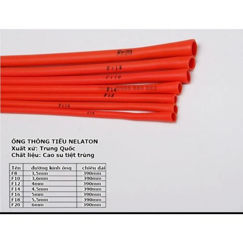 Ống thông tiểu nữ Nelaton cao su tiệt trùng, dây thông tiểu nữ, các size 8F,10F,12F,14F,16F,18F,20F(20 cái/1 túi)