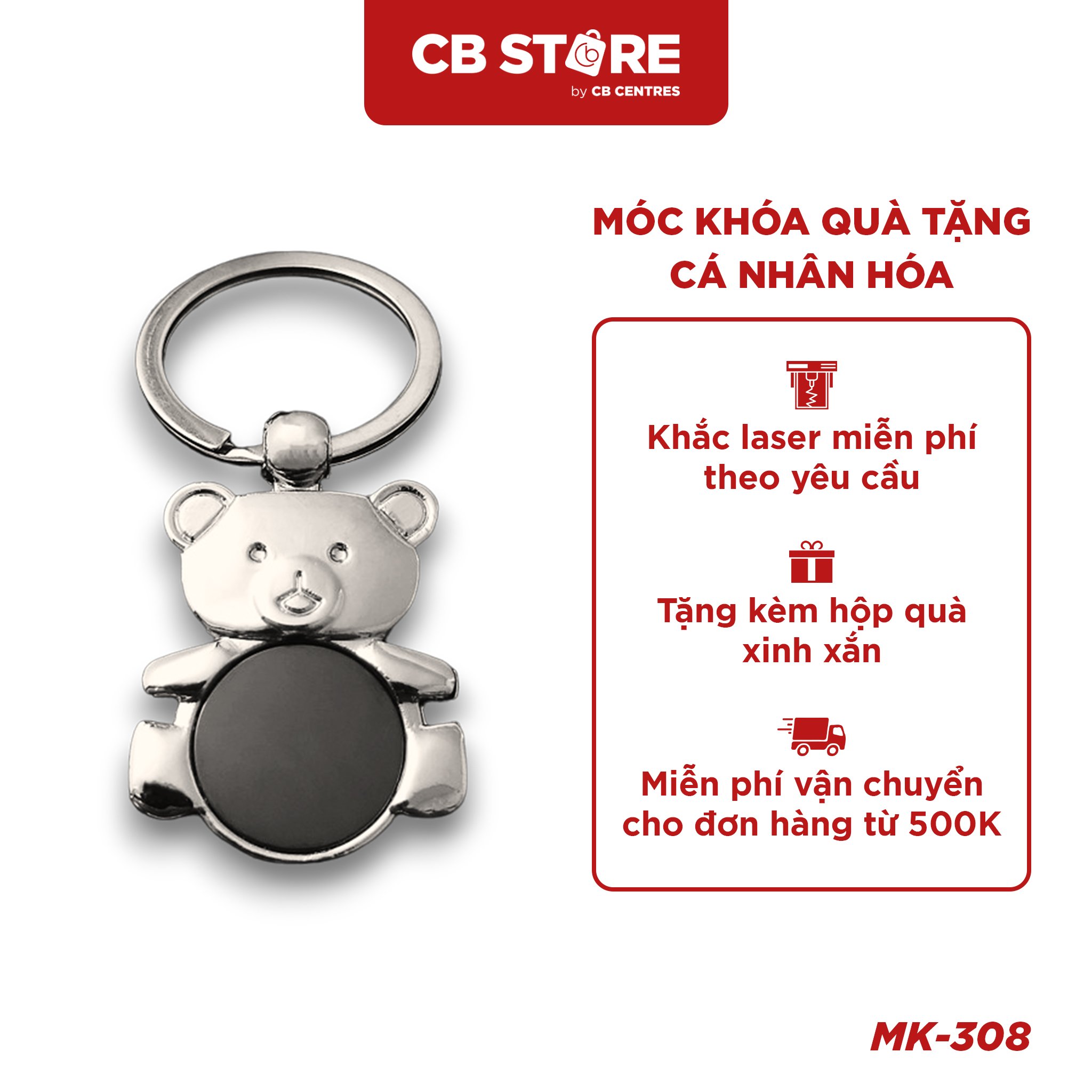 Móc khóa kim loại hình gấu - Mặt gương đen