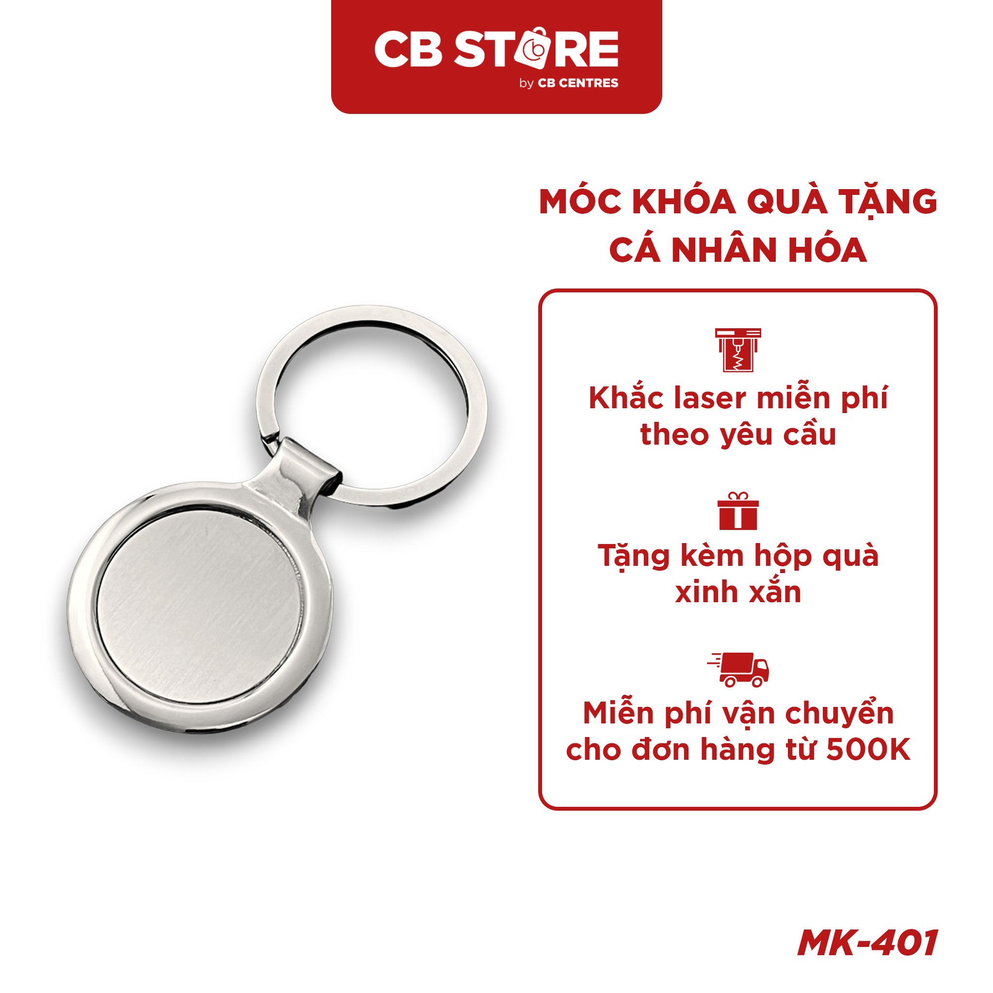 Móc khóa kim loại tròn bản nhỏ - Mặt bạc trơn