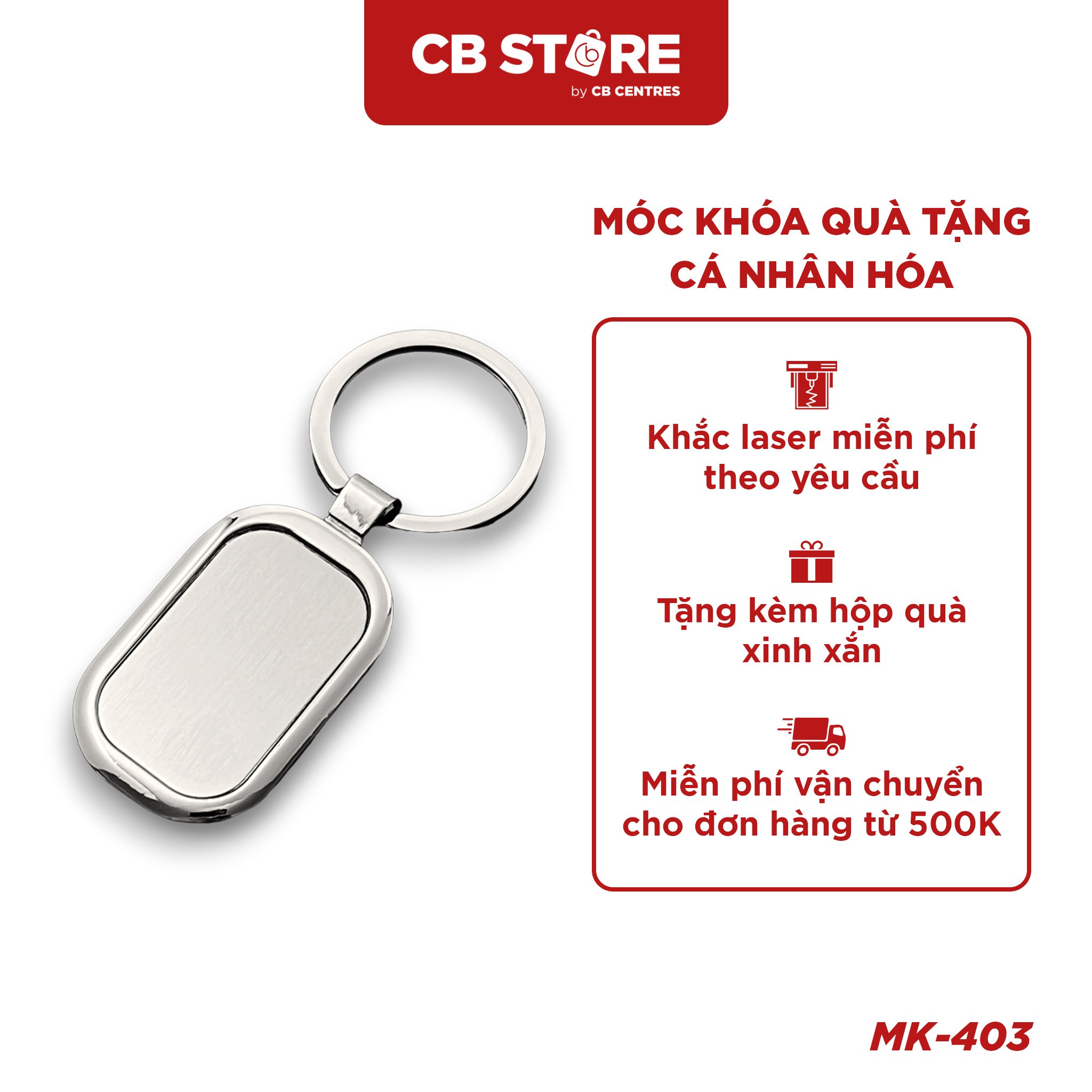 Móc khóa kim loại hình chữ nhật - Mặt bạc trơn