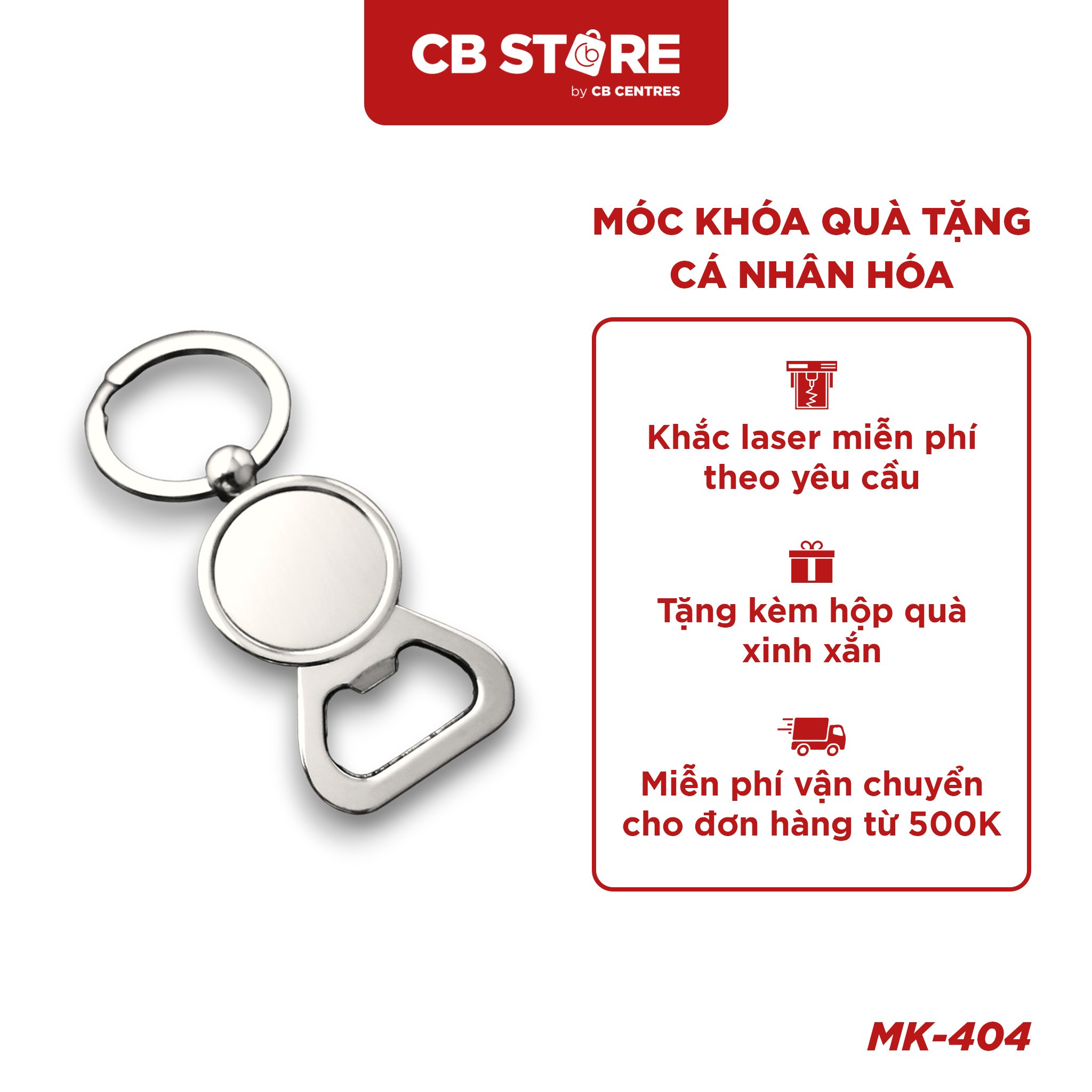 Móc khóa kim loại tròn khui nắp chai - Mặt bạc trơn