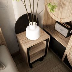 Giường ngủ đôi gỗ sồi tự nhiên, chắc chắn, có tab đầu giường sang trọng.
