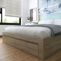 Giường ngủ đôi gỗ đẹp, bền bỉ, kèm tab đầu giường phong cách hiện đại.