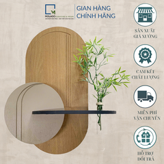 Bộ kệ gỗ treo tường trang trí hình ovan, kèm lá giả, ống nghiệm thủy tinh cắm hoa