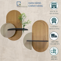 Bộ kệ gỗ treo tường trang trí hình ovan, kèm lá giả, ống nghiệm thủy tinh cắm hoa