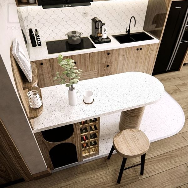 Bàn đảo bếp gỗ với mặt bếp ốp đá LK003 Rattan | Molago