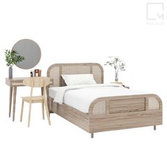 Bộ giường ngủ đơn gỗ hiện đại, kiểu dáng tối giản, kèm tab gỗ đa năng.