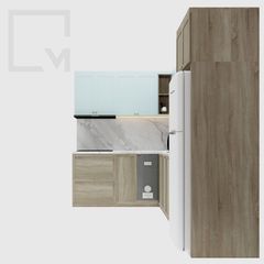 Hệ bếp gỗ công nghiệp có bàn ăn và tủ kệ