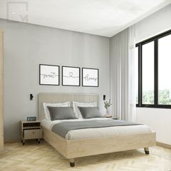 Giường ngủ đôi gỗ bền đẹp giúp tối ưu không gian, kèm tab gỗ đa năng.