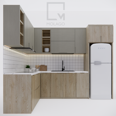 Bếp hiện đại với bàn ăn liền kề và tủ kệ gỗ