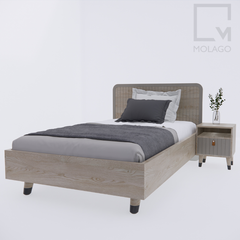 Bộ giường ngủ đơn gỗ đẹp phù hợp nhà phố chung cư, kèm tab gỗ tiện lợi.