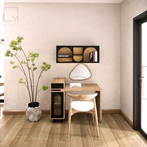 Bộ bàn trang điểm gỗ, bàn làm việc 4 món Rattan | Molago