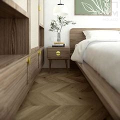 Bộ giường ngủ đơn gỗ đẹp phù hợp nhà phố chung cư, kèm tab gỗ tiện lợi.