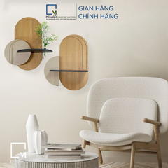 Bộ kệ gỗ treo tường trang trí hình ovan, kèm lá giả, ống nghiệm thủy tinh cắm hoa