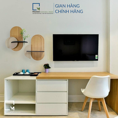 Bộ kệ gỗ treo tường trang trí hình ovan, kèm lá giả, ống nghiệm thủy tinh cắm hoa