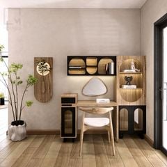 Bàn trang điểm gỗ kèm ghế, gương soi, tủ hông hiện đại