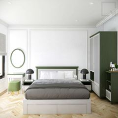 Bộ giường ngủ đơn gỗ sang trọng, giúp tối ưu diện tích, tích hợp tab gỗ.