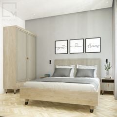 Bộ giường ngủ đôi gỗ kiểu dáng sang trọng chắc chắn, kèm tab gỗ.