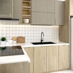 Bếp hiện đại với bàn ăn liền kề và tủ kệ gỗ