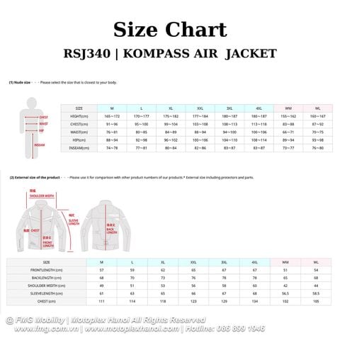 Size Áo Bảo Hộ Moto RS Taichi RSJ340 Kompass Air Jacket chính hãng tại FMG Superstore | Motoplex Hanoi