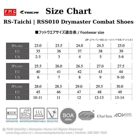 Size Giày Moto RS Taichi RSS010 Drymaster Combat Shoes chính hãng tại FMG Superstore | FMG Superstore