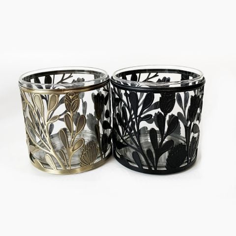 Scented glass candle jar with leaf pattern metal glass sleeve
