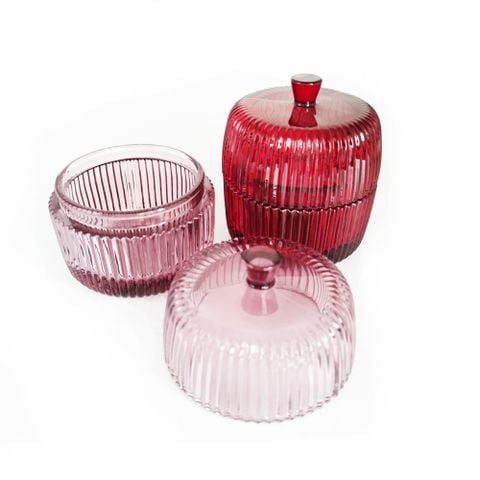 Vertical line pattern colored glass candle jar with glass handle-type lid