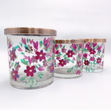 Hand Drawing Purple Flowers Crystal Glass Candle Jar With Metal Lid
