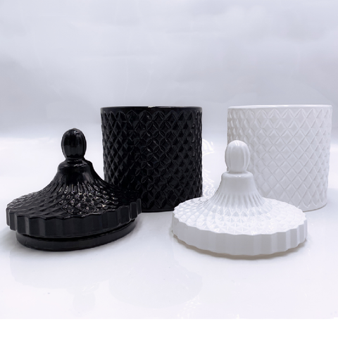 Embossed Effect Black/White Glass Candle Jar With Glass Lid