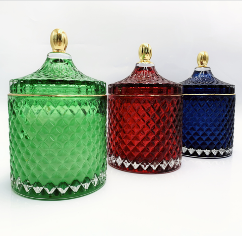 Classical GEO Cut Glass Candle Jar With Gold Knob