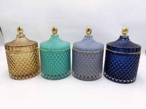 Classical GEO Cut Glass Candle Jar With Gold Knob