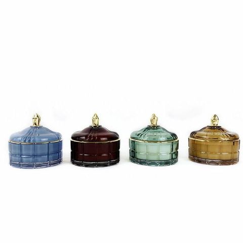 Embossed Check Pattern Glass Candle Jar With Gold Knob