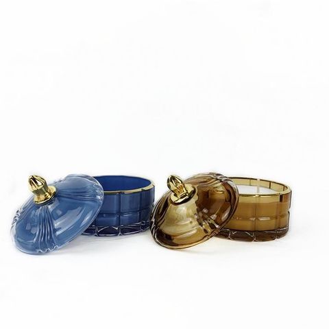 Embossed Check Pattern Glass Candle Jar With Gold Knob